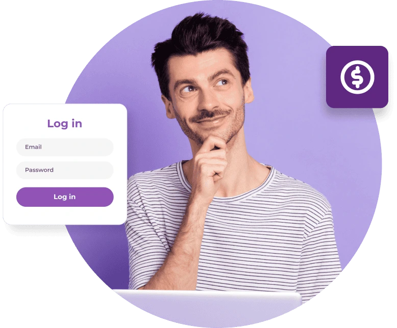 A man in a striped white shirt looks up and smirks next to the Partner login screen and a large dollar sign.