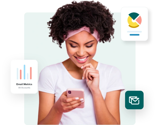 Smiling woman on her phone improves her email list with the free email verifier