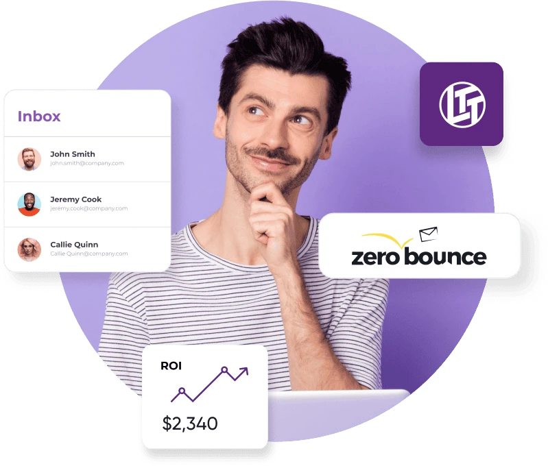 A man in a white and black striped shirt holds his hand to his chin in front of a purple background next to the Linus Tech Tips logo, the ZeroBounce logo, an email inbox, and an ROI chart projected upwards and $2,340 in revenue.