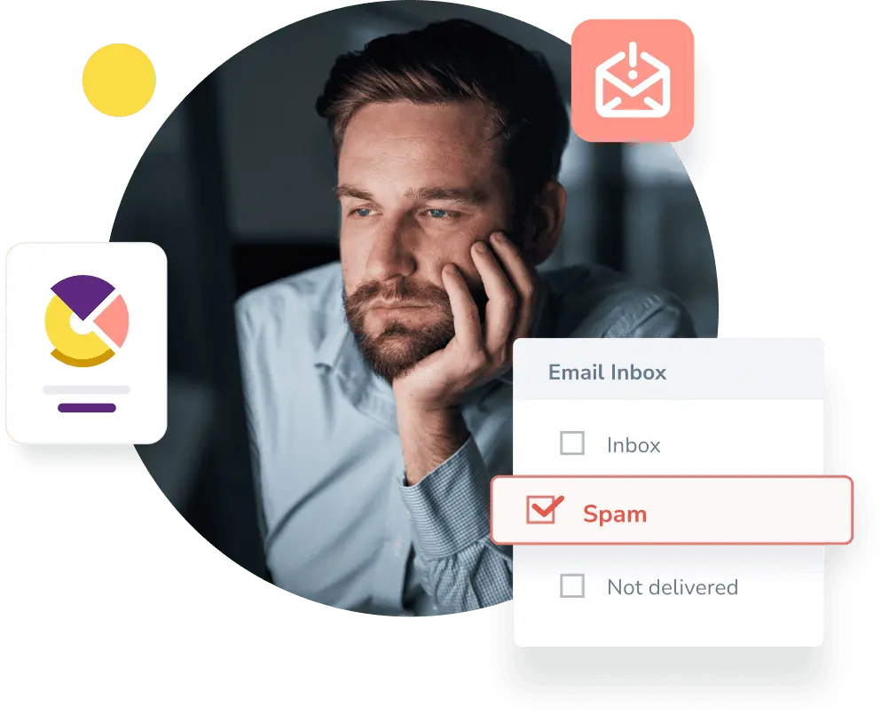 A man in a blue collared shirt looks dejected at his monitor in a dark room next to a pie chart and an indicator that his email was marked as spam.