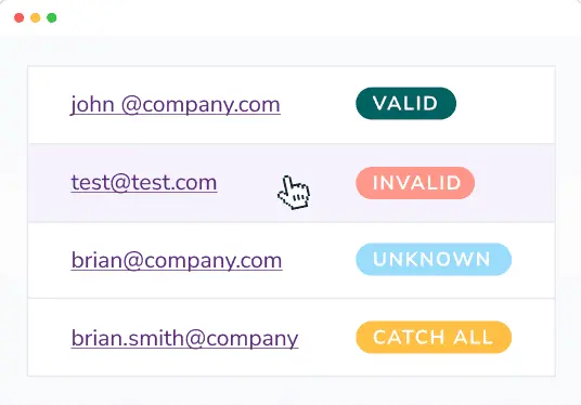 A list of verified email addresses: john@company.com (valid), test@test.com (invalid), brian@company.com (unknown), and brian.smith@company (Catch-all).