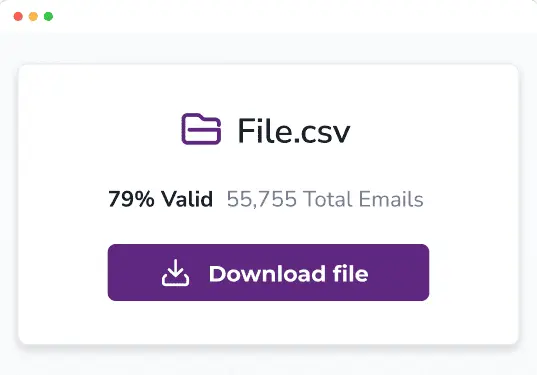An email validation results CSV file with text indicating that 79% of 55,755 total emails were valid.