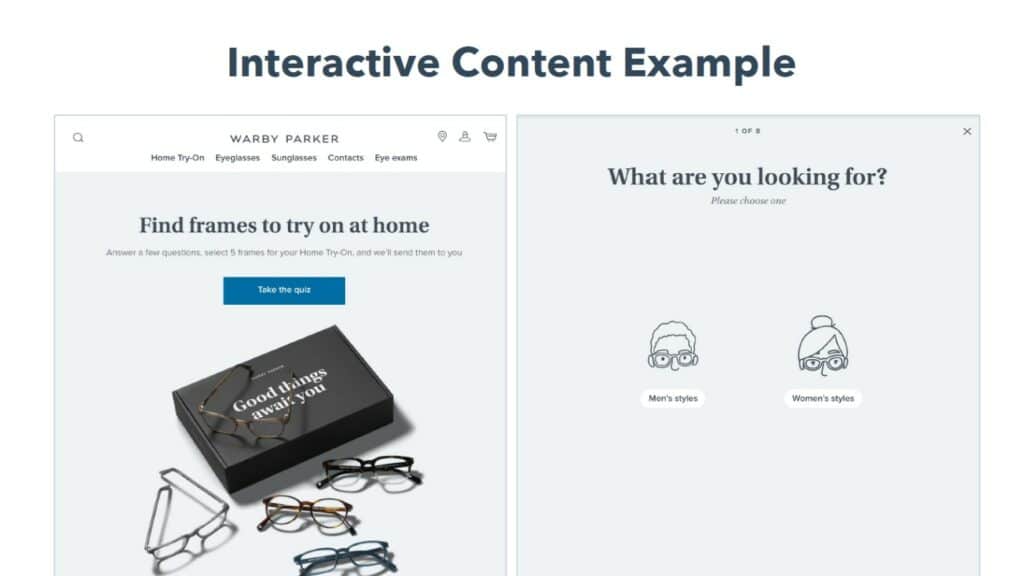 Image showing example of interactive content: a screenshot of a quiz from eyeglass retailer Warby Parker showing several pairs of glasses.
