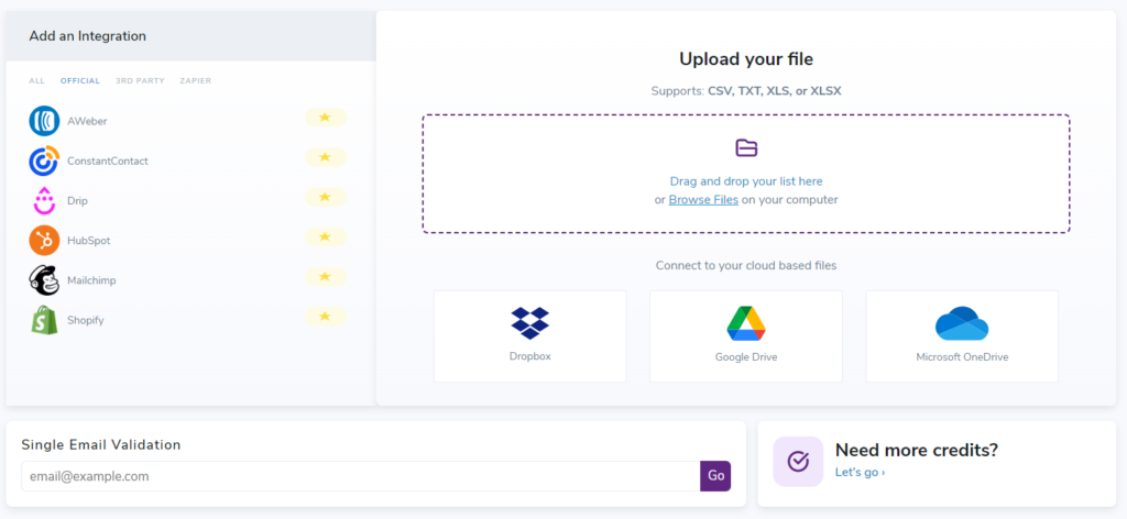 The ZeroBounce bulk email validation upload page