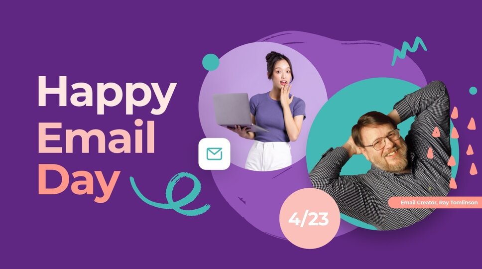 Ray Tomlinson, the inventor of email is shown on a purple background along with festive elements and text that reads "Happy Email Day."