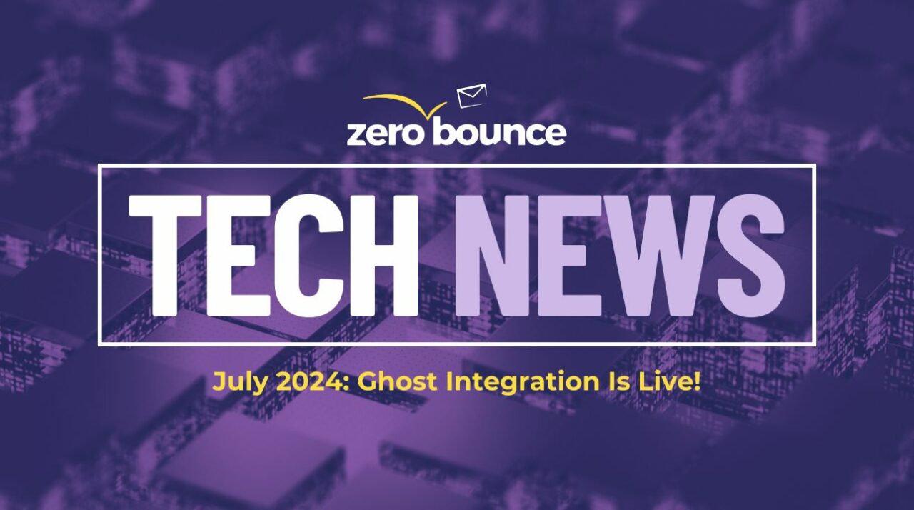 dark purple background with text announcing zerobounce tech news and ghost integration