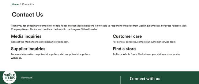 Screenshot of Whole Foods website shows that finding the right contact person may mean going through various channels via a contact page.