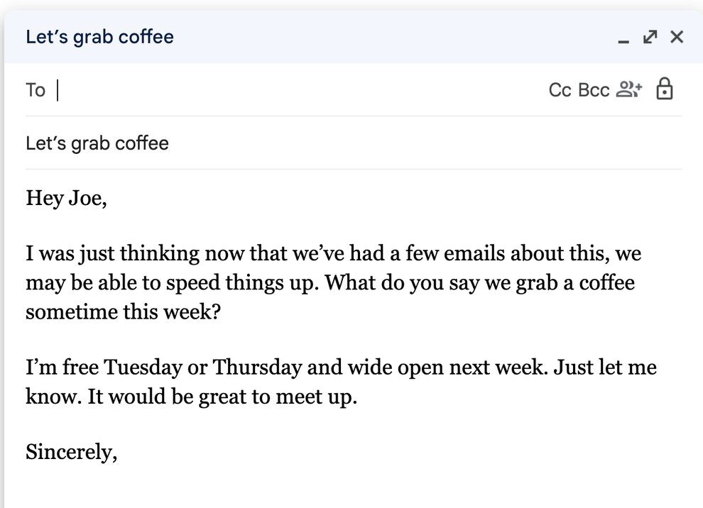 Screenshot of informal email asking someone to a coffee chat.