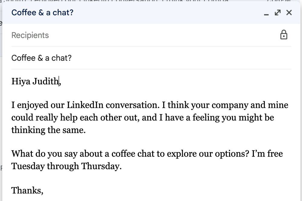 Screenshot of a friendly email note to ask someone to coffee and a discussion.