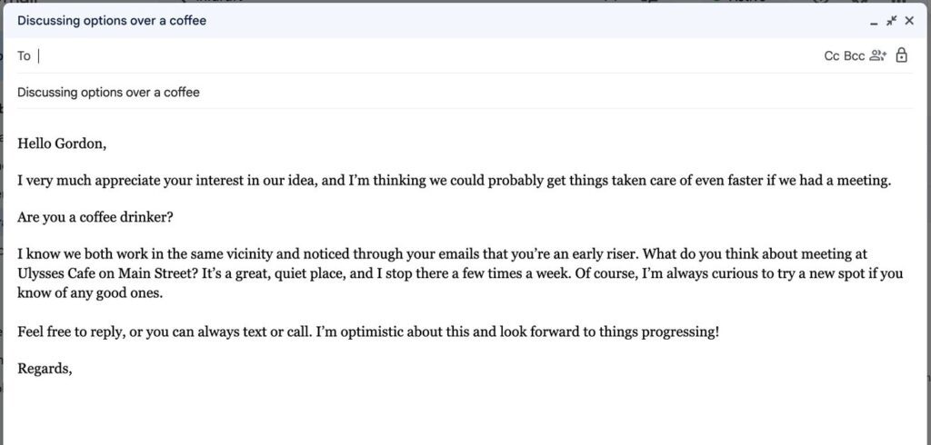 Screenshot of formal email in which sender asks recipient for an in-person meeting.