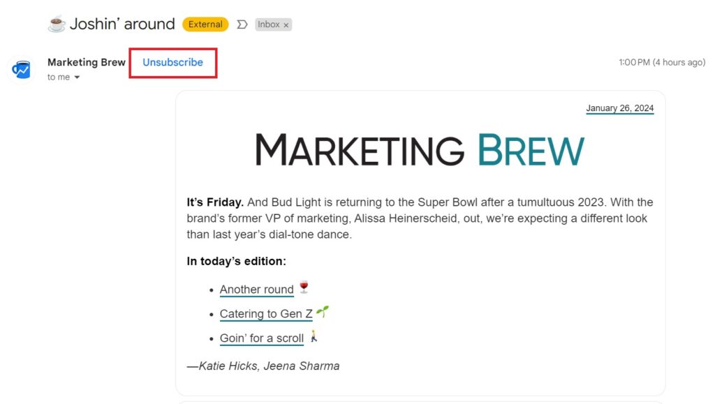 screenshot of marketing brew email illustrating quick unsubscribe example