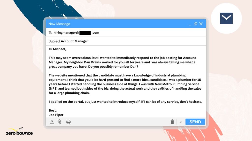 Screenshot of cold email to hiring manager shows value of making human connection shown on pastel color background.