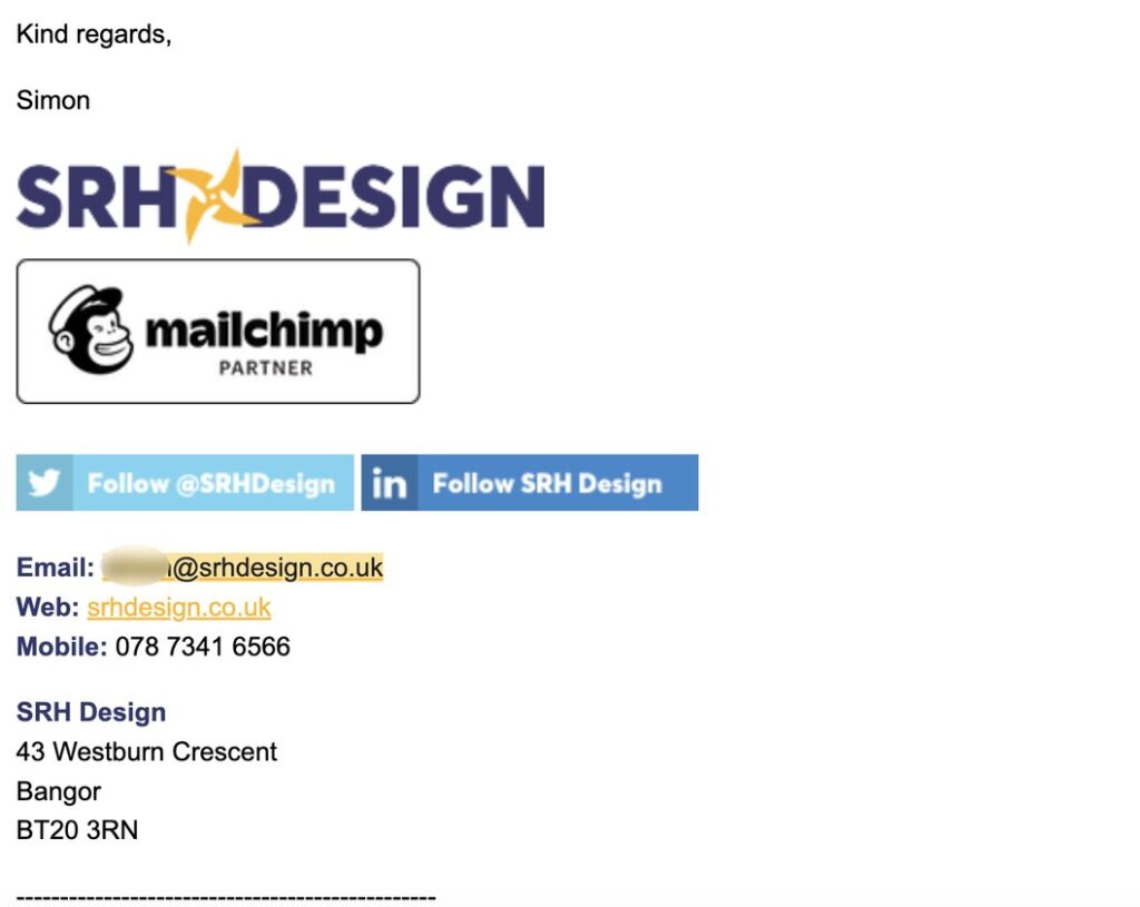 Screenshot of email signature from SRH design makes great use of colors and company logo to create a memorable experience.