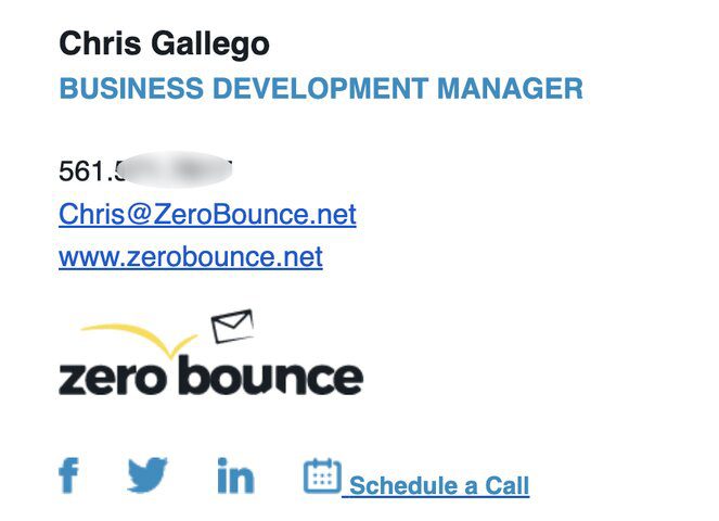 Screenshot of email signature shows a CTA to schedule a call.