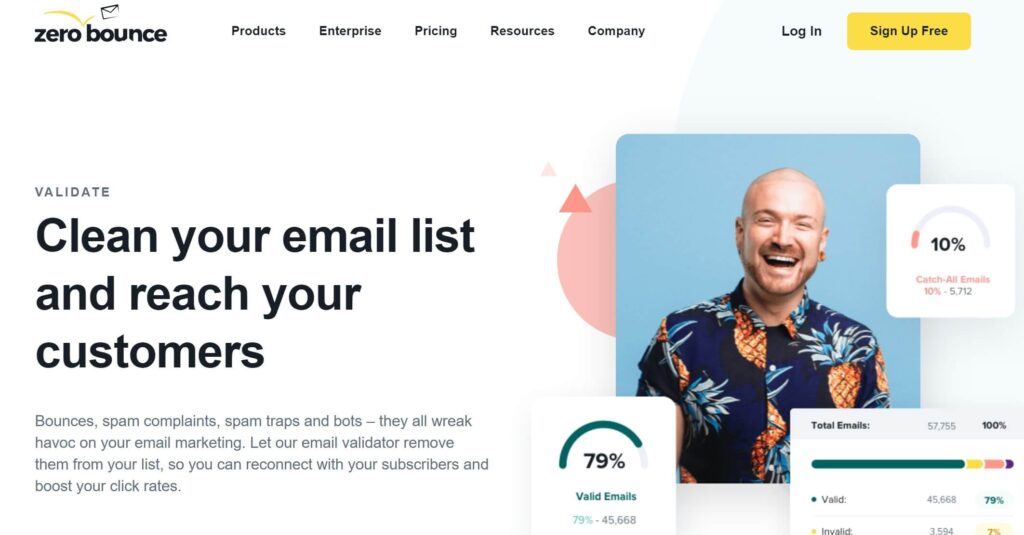 Man with shaved head and Hawaiian shirt is joyous about having valid email contacts.