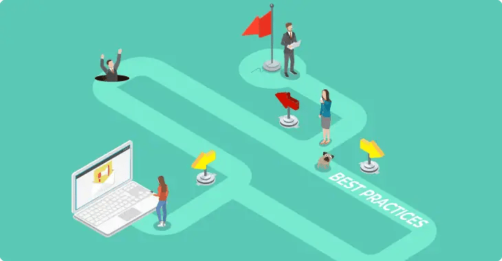 Cartoon displaying 4 people and a dog walking a path with different destinations. Each finding the best practice for email marketing.