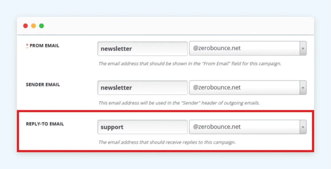 An email service provider settings menu with a highlight over the field for the reply-to email address.