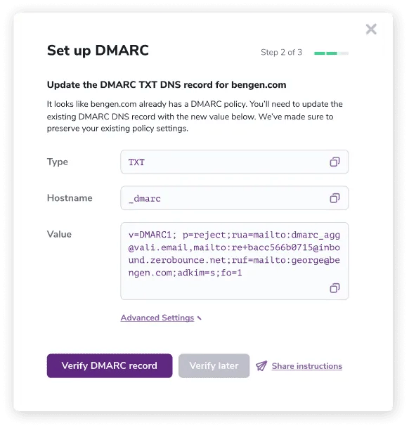ZeroBounce's DMARC Monitor 'Set up DMARC' screen, which lets you select type, hostname, and value.