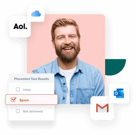 Man smiling with images of his email surrounds him, the SPAM box is checked and his email is from AOL.