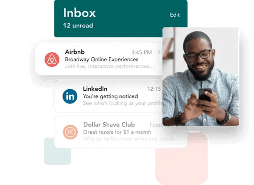 Man smiling while checking his email on his mobile phone, side image shows a preview of his inbox.