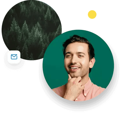 Man in a thinking position with his hand under his chin, and the image of the forest next to him.