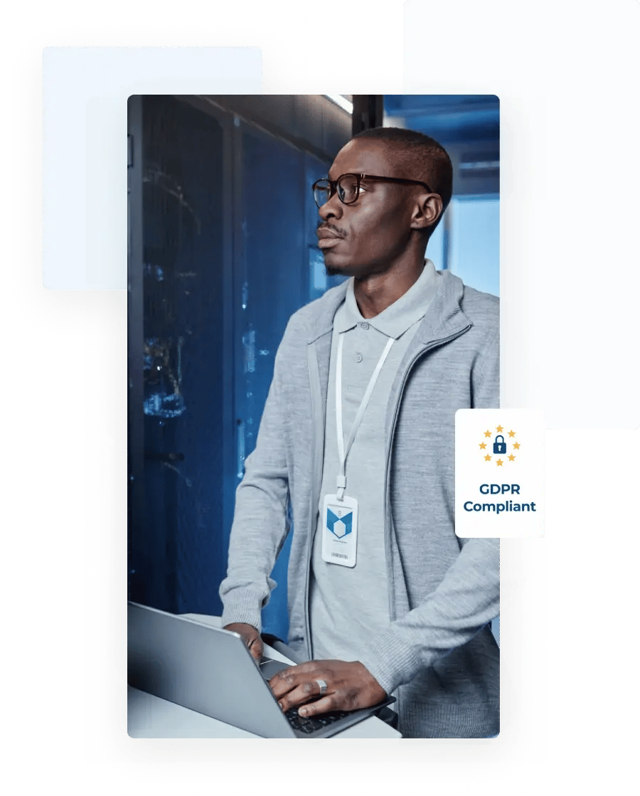 Man performing cybersecurity and risk management assessments from his laptop