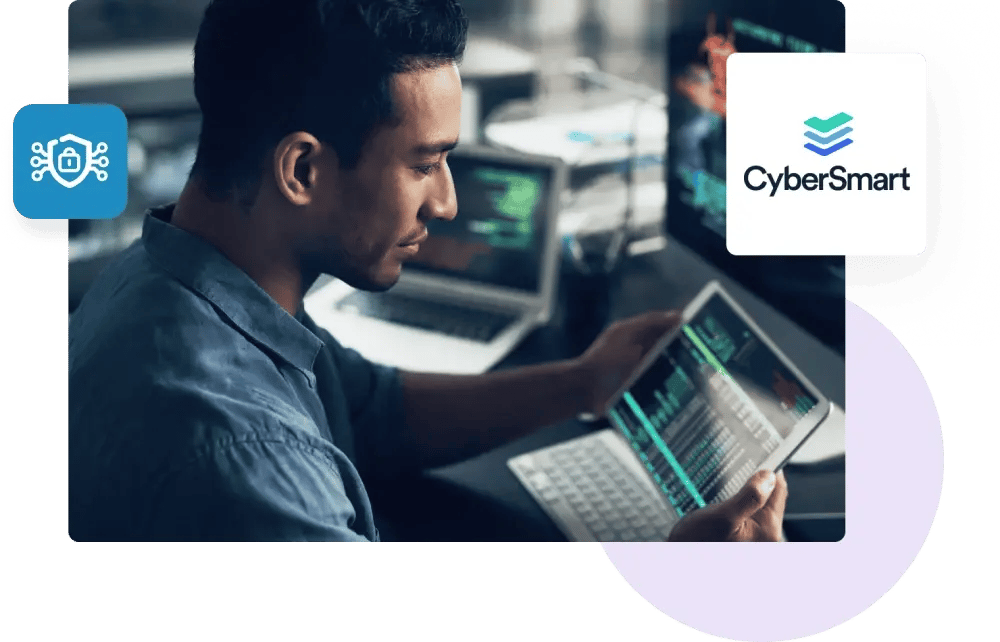 CyberSmart logo, including a researcher performing a penetration test on the ZeroBounce platform