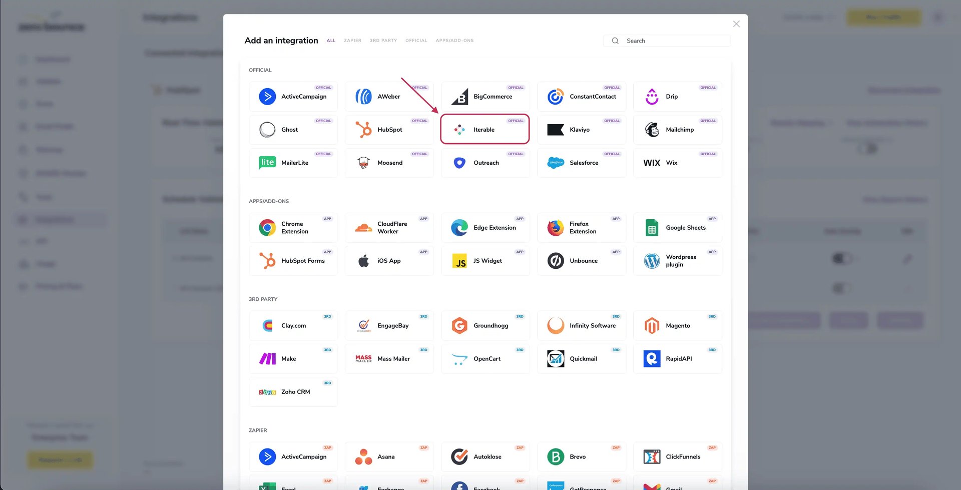 The ZeroBounce dashboard with the Integrations menu item highlighted.