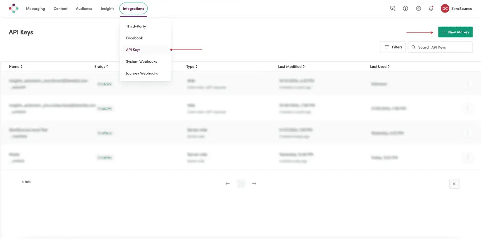 The Iterable account with the Integrations > API Keys menu item highlighted.