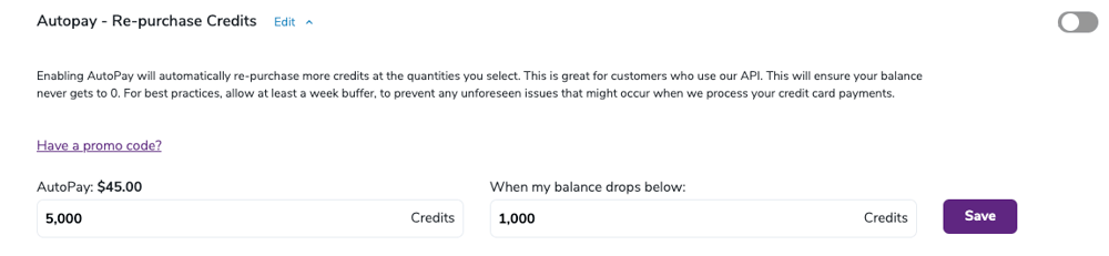 AutoPay settings for setting the credit threshold and amount to purchase automatically