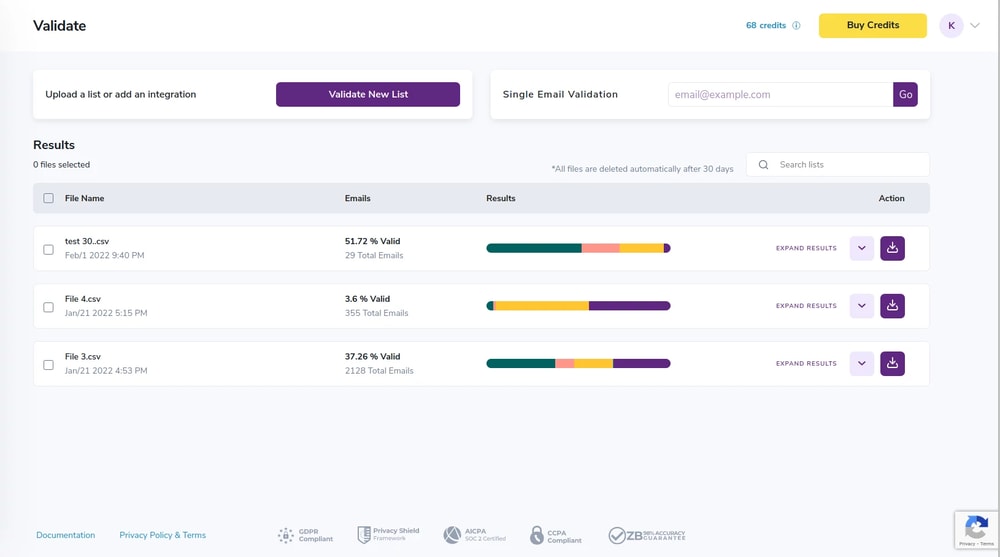 Email Validation web dashboard for uploading files and downloading results