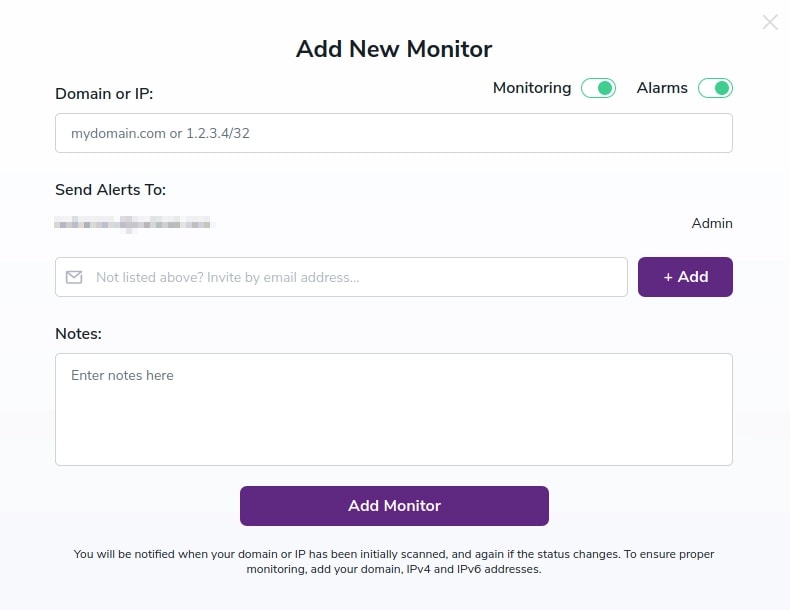 Ventana Agregar nuevo monitor donde se establece la entrada del dominio o IP y la lista de contactos para el monitor