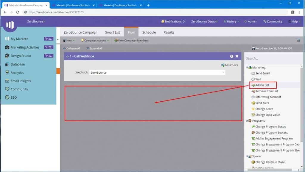 Drag "Add to List" from the right pane to the main window below the "Call WebHook" flow you created