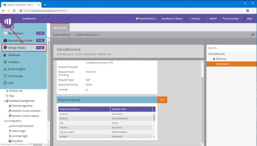 Marketo Dashboard: Click "Design Studio