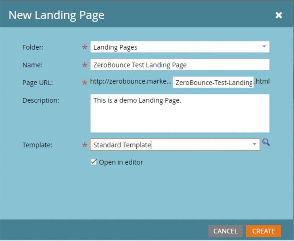 Fill out "New Landing Page" form