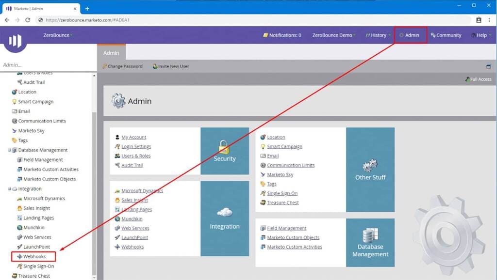 Haga clic en el enlace de WebHooks en el lado derecho de su Panel de control de Marketo