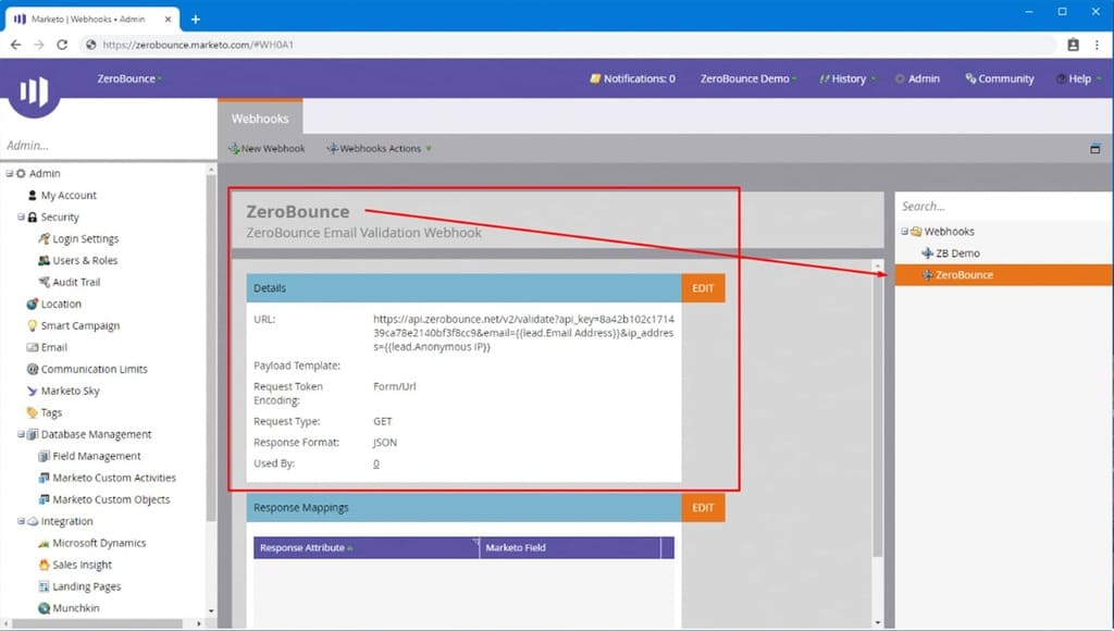 ZeroBounce WebHook en el panel de control de Marketo