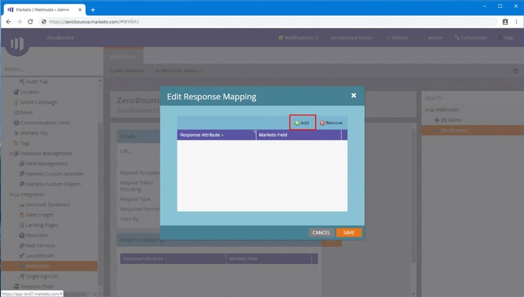 Click Add to add each property mapping from ZeroBounce API to Marketo custom fields.