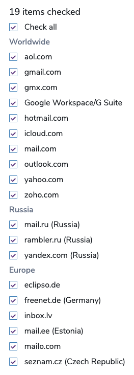 The multiple domains which the deliverability tool Inbox Test is performed against