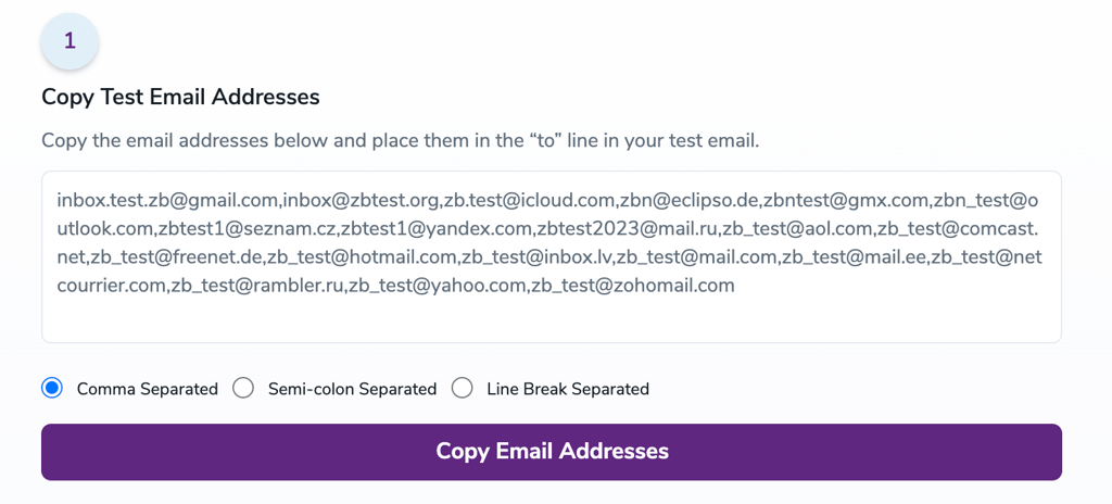 The test email addresses of the test domains