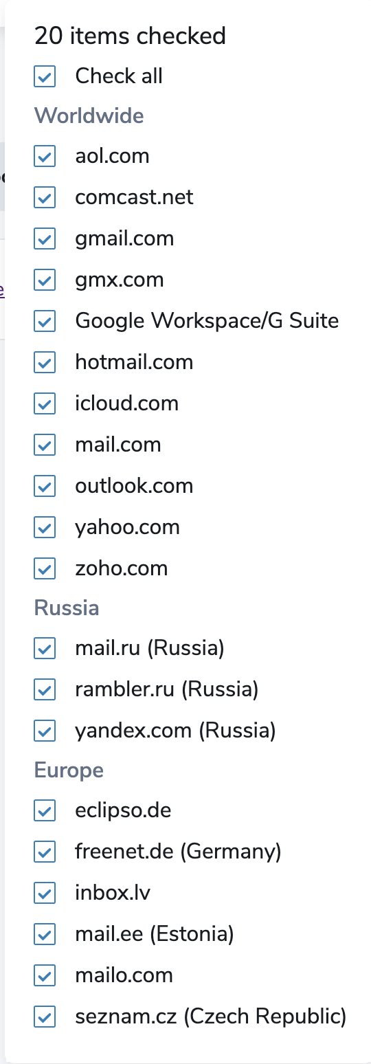 The multiple domains which the deliverability tool Inbox Test is performed against