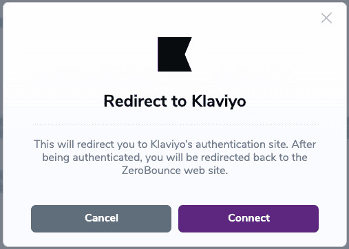 The Redirect to Klaviyo pop-up menu, which allows you to set up the ZeroBounce integration.