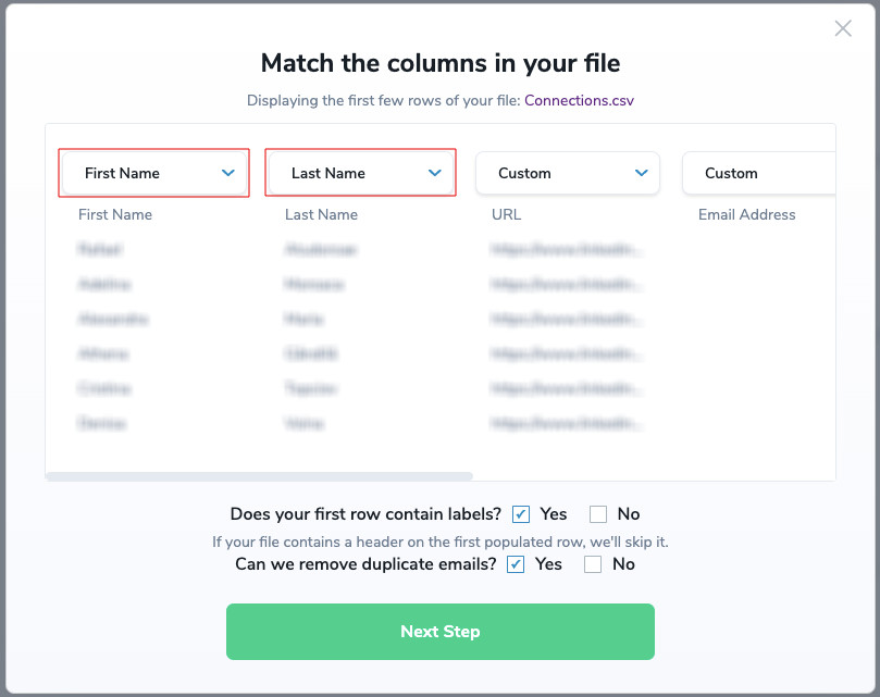"Match the columns in your file" menu with the "First Name" and "Last Name" fields highlighted.