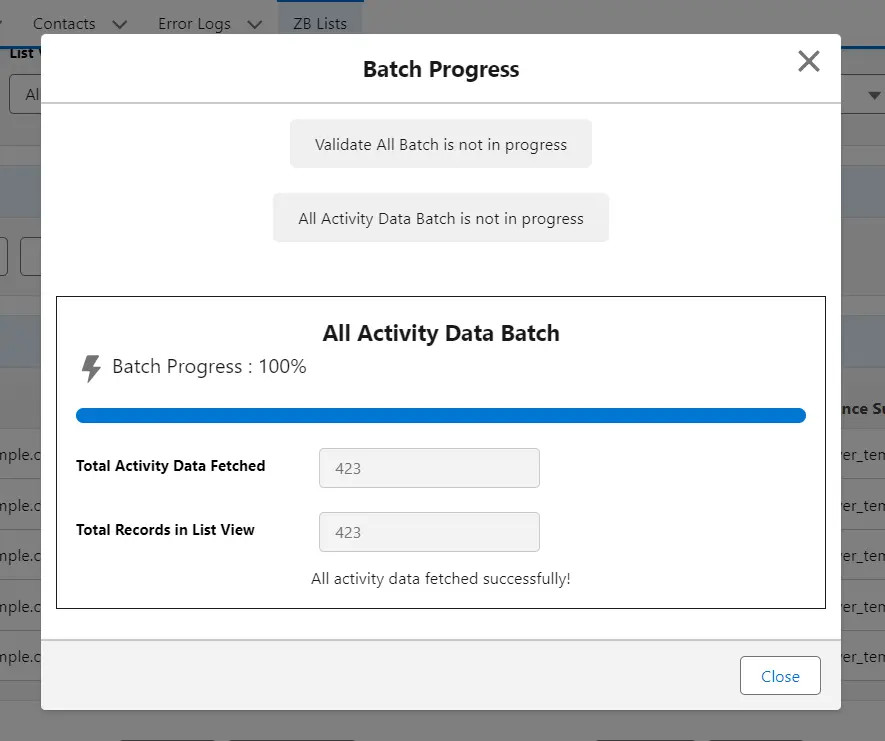 View progress within the same popup after validating all records