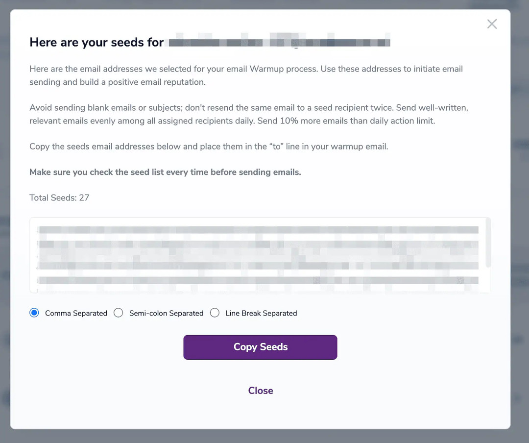 Warmup custom seeds Pop-up modal