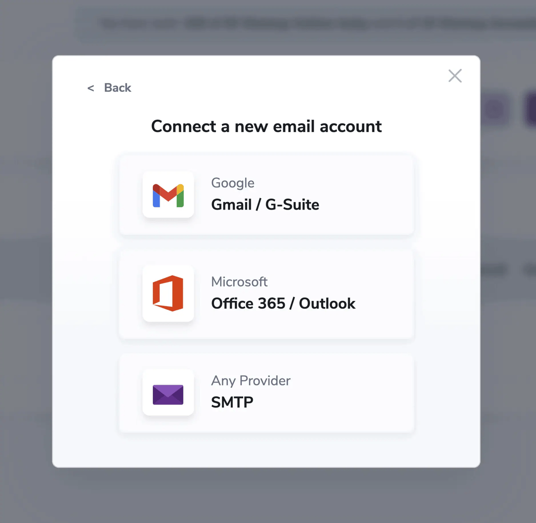 Modal displaying the available connection options: Gmail/G-Suite, Microsoft 365/Outlook, or SMTP.