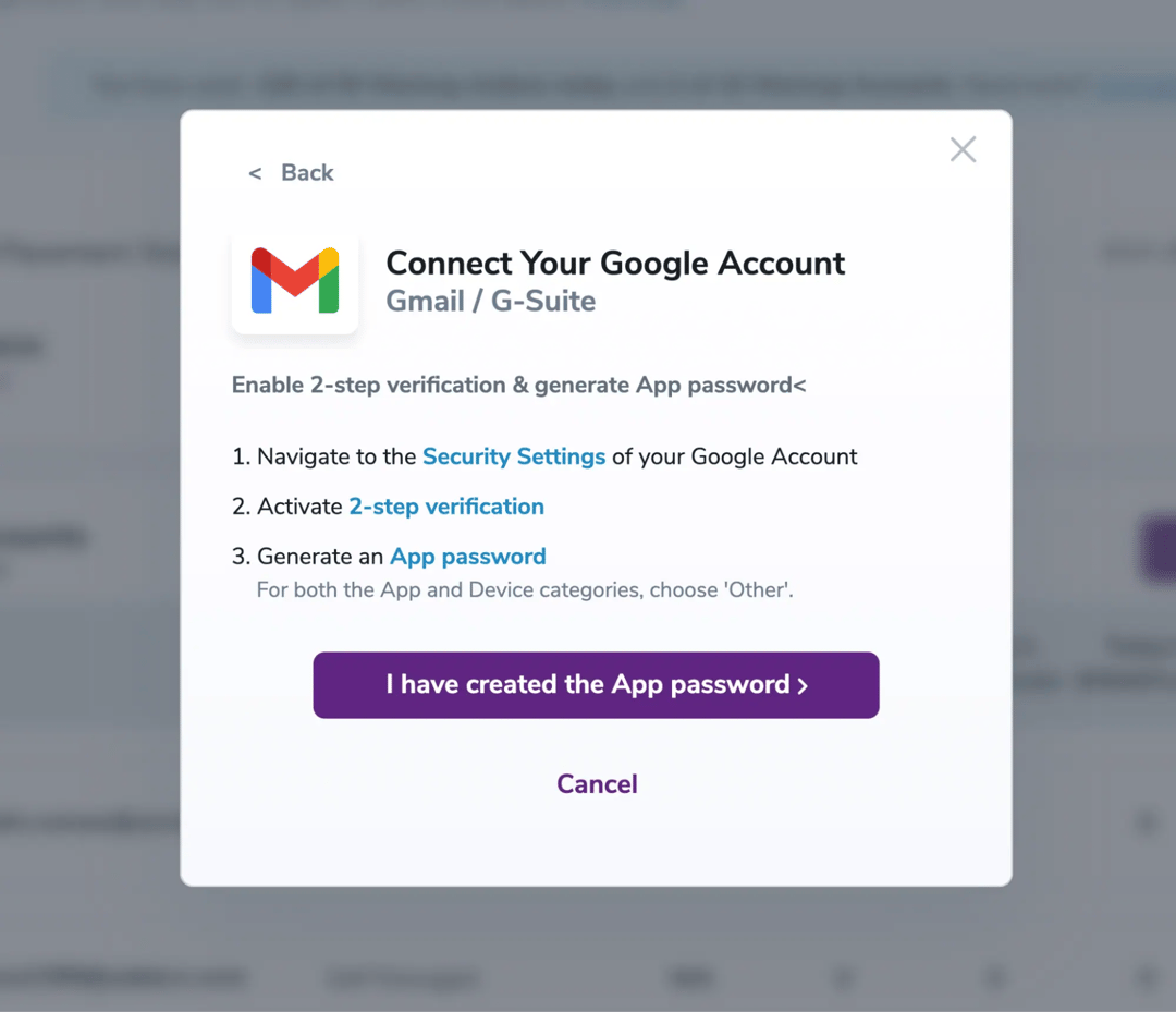 Modal displaying how to set up the App Password and the following steps