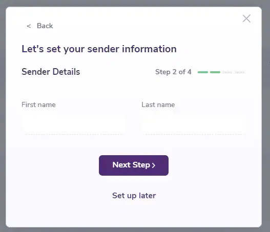 Modal displaying the Sender Details inputs