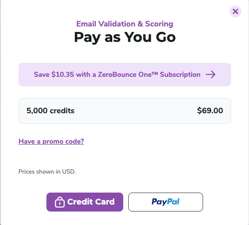 Screenshot of ZeroBounce’s checkout screen, highlighting the Stripe credit card payment method