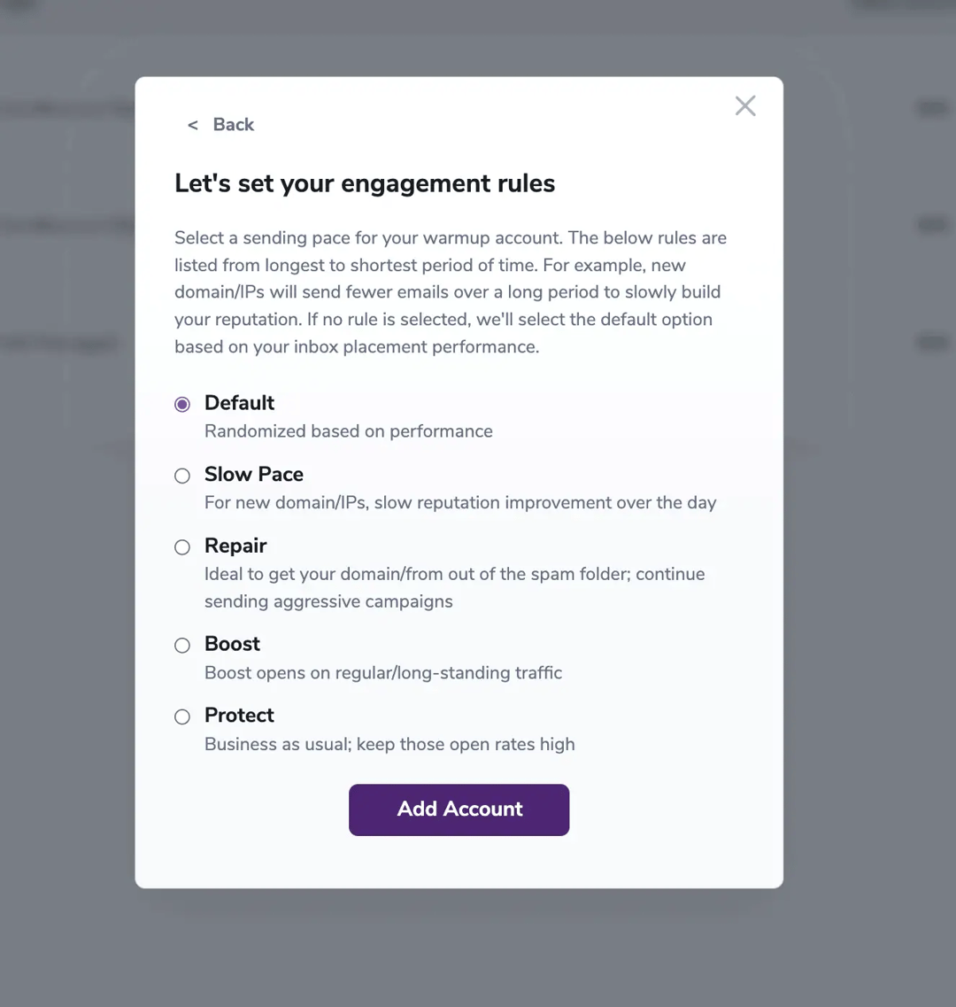 Warmup engagement rules Pop-up modal